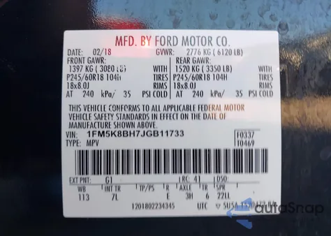 2018 Ford Explorer z USA, uszkodzony, nr VIN 1FM5K8BH7JGB11733